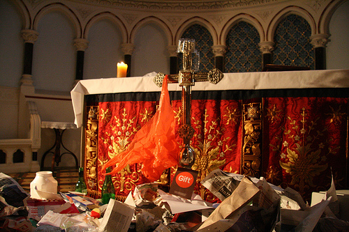 altar surrounded by rubbish
