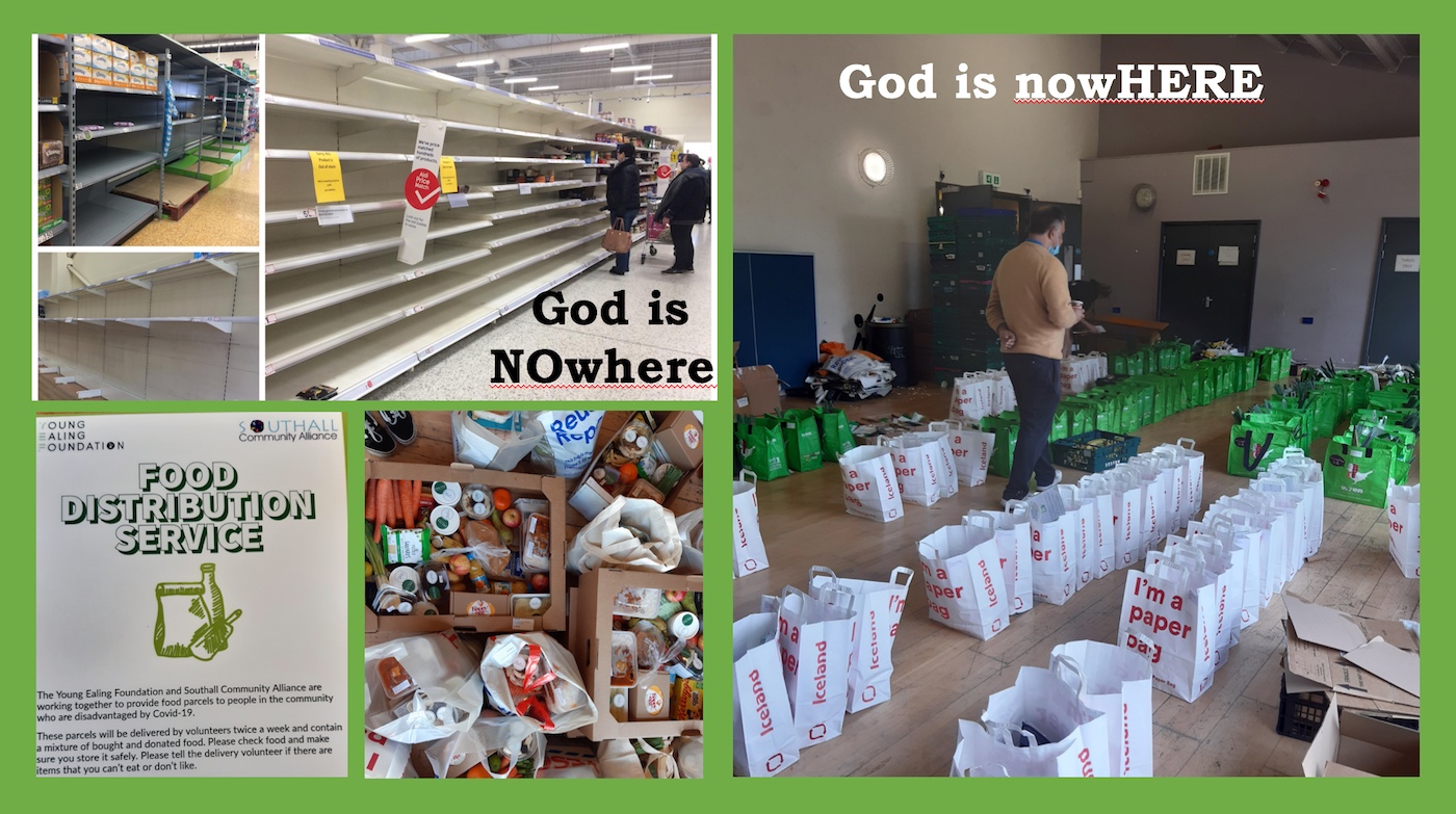 empty shelves and food distribution bags